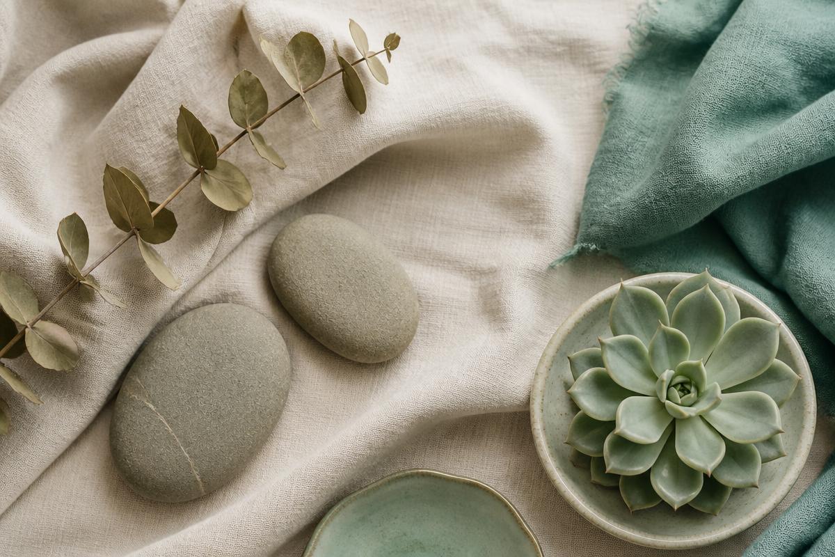 Minimal spa flat lay with linen, smooth stones, eucalyptus and a small succulent
